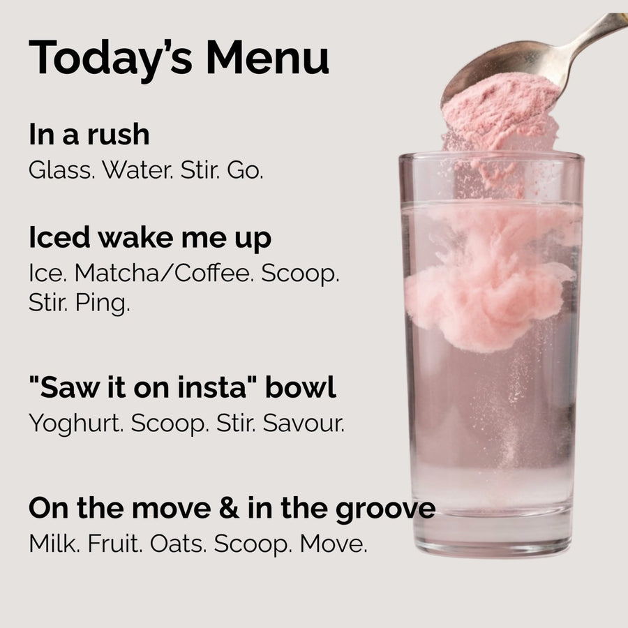 Four ways to take Second Self: speed shot, morning shake, iced, or blended smoothie