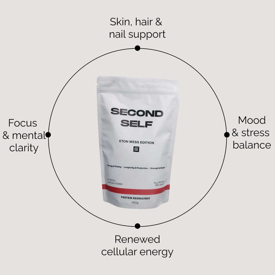 Second Self daily longevity supplement benefit wheel: skin, brain, energy, strength and recovery